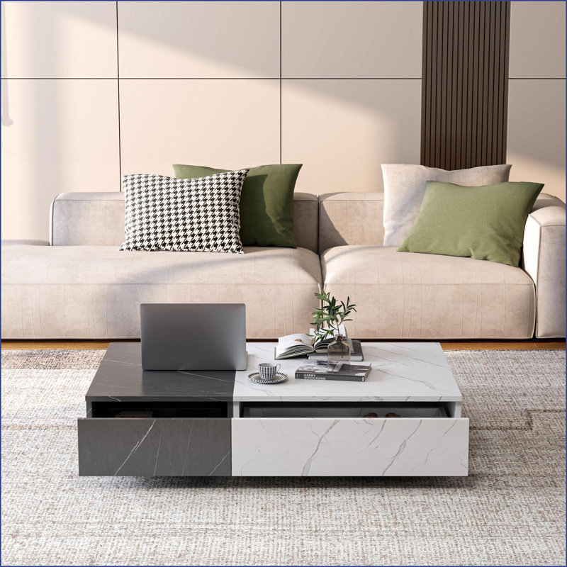 Noir moderne Table basse en marbre blanc avec 2 espaces de rangement, peu encombrante pour le salon