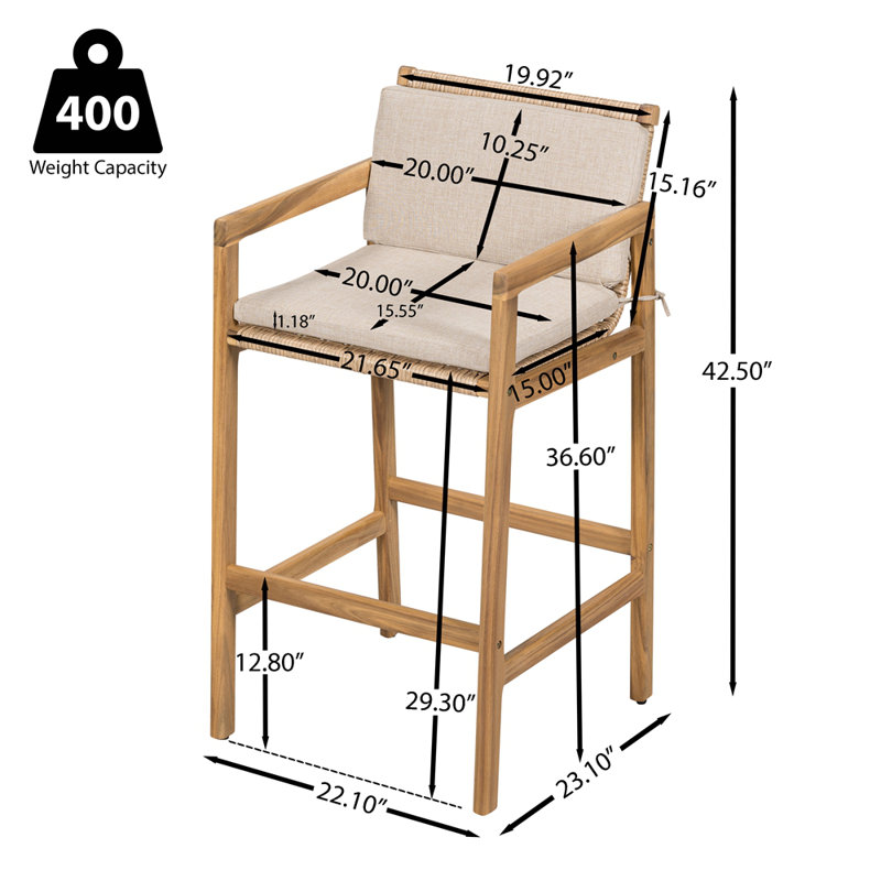 Tabouret de bar d'extérieur en bois, bois fini teck avec coussin beige, ensemble de 2