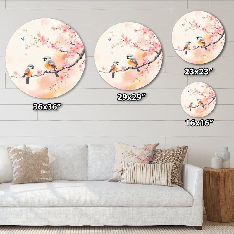 Décoration murale ronde en métal Chinoiserie Birds & Blossoms, L 16 po x H 16 po