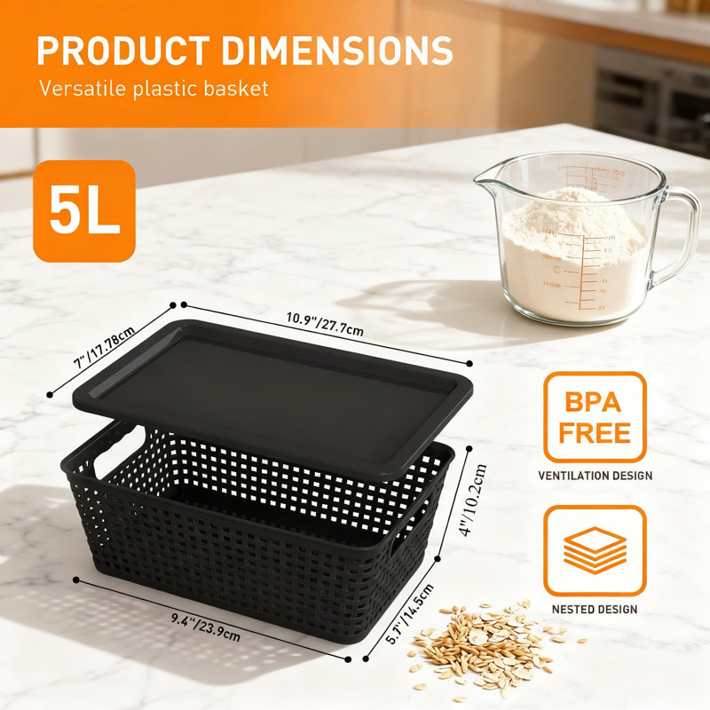 Paniers de rangement en plastique avec couvercles, bacs de rangement empilables pour tablettes, tiroirs, placard, organisation de bureau et à la maison, contenants décoratifs polyvalents
