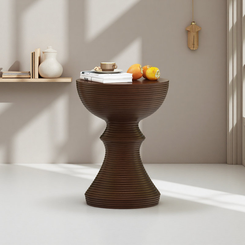 16" Ribbed Brown Concrete Outdoor Side Table With Hourglass Design – Weather-Resistant Accent For Patio
