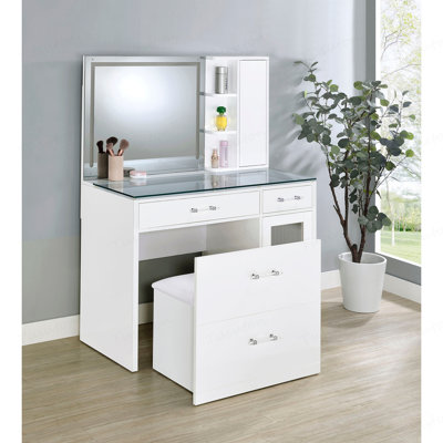 Kerr High Gloss 2-drawer Makeup Vanity Table with Mirror and Stool