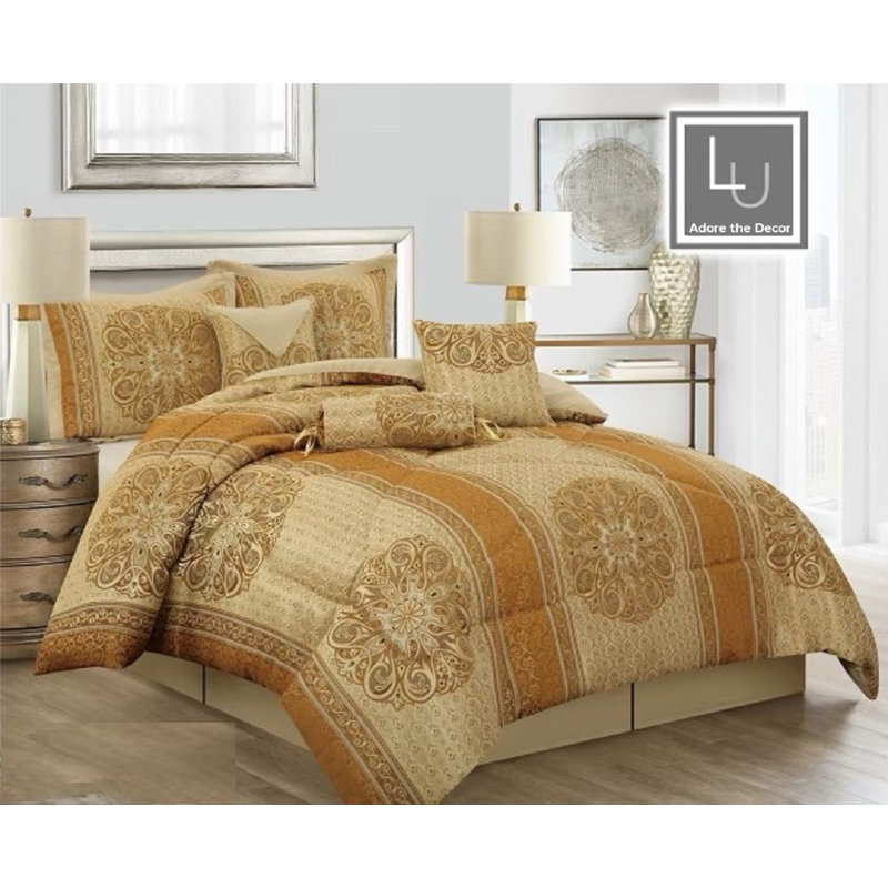 Ensemble d'édredon 7 pièces Jacquard, Édredon pour très grand lit + 2 très grandes ta, Or