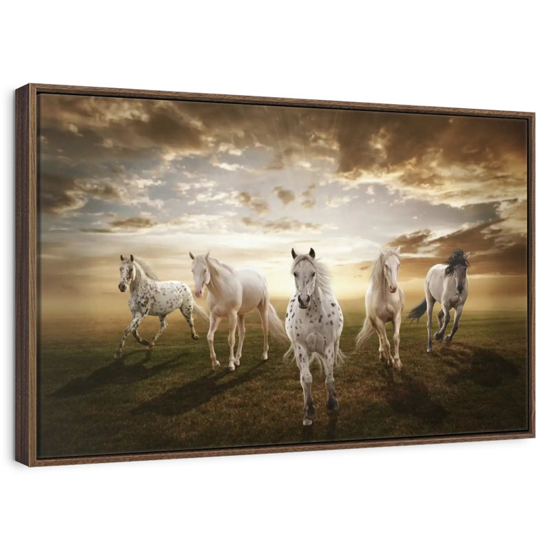 Chevaux blancs dramatiques, Cadre flottant noyer, 40 po x 27 po