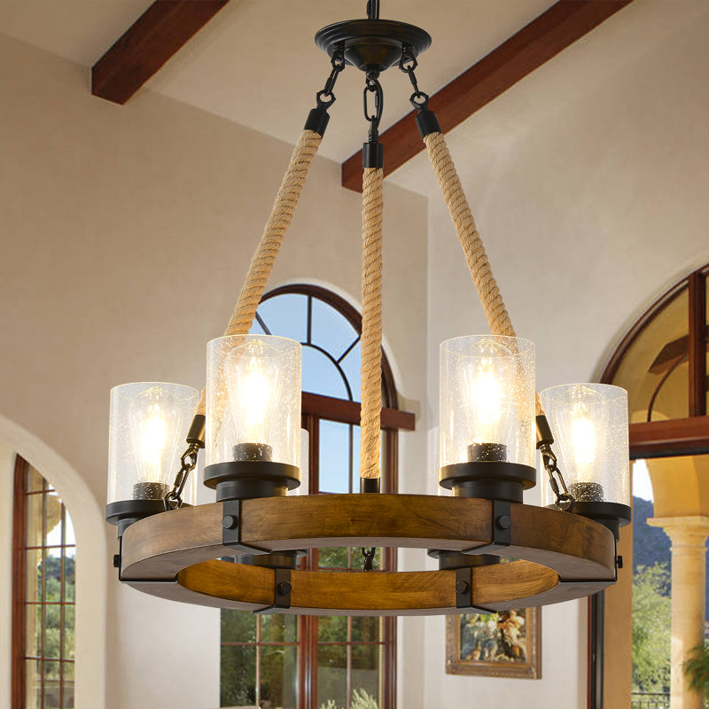 6-light Farmhouse Wood Chandelier, Farmhouse Wagon Wheel Chandelier With Seeded Glass Shade, Round Rustic Wood  Pendant Light For Dining Room Living Room Kitchen Entryway