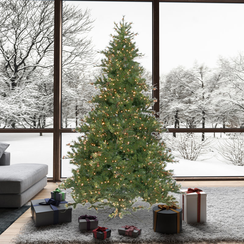 Country Pine Green Slim Artificial Christmas Tree with Pre-Lit Clear Lights with Stand, 10' H, Unlit