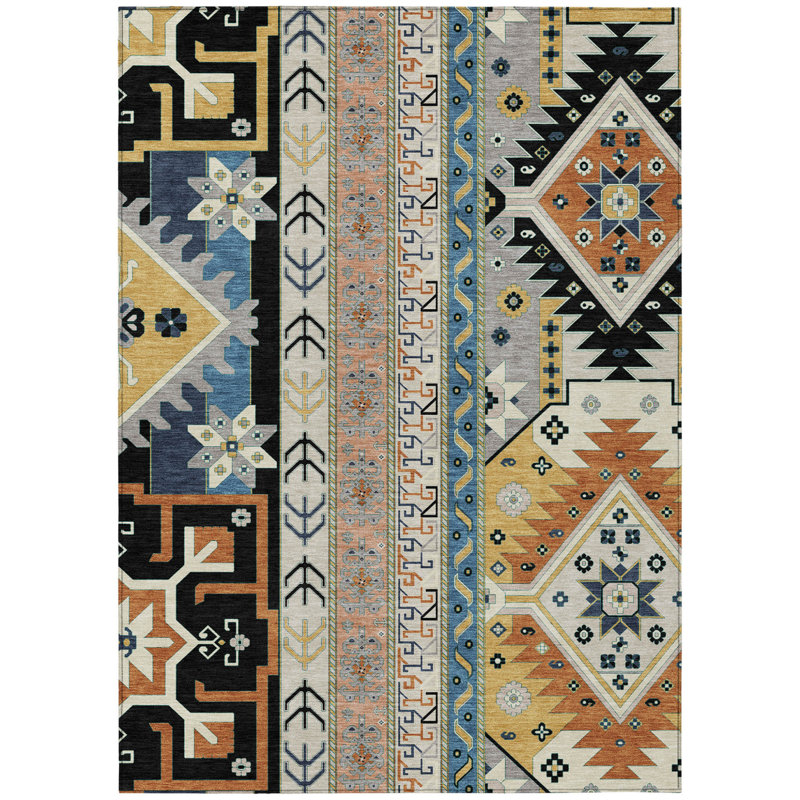 Tapis intérieur / extérieur 3 pi x 5 pi ivoire et cuivré aztèque lavable