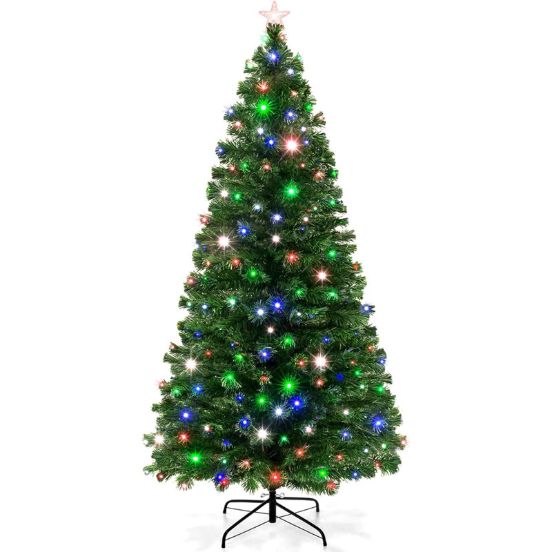 Arbre de Noël artificiel en fibre de pin pré-éclairé avec lumières DEL multicolores, 8 pièces, support pliable, 7'