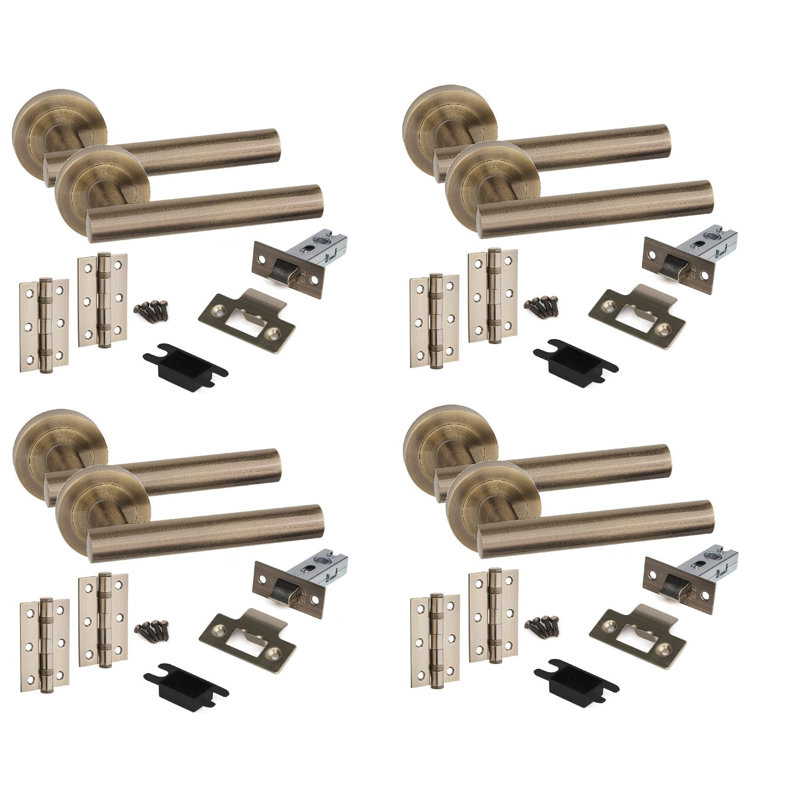  4 Sets Straight T-Bar Design Door Handles in Antique Brass Finish with Tubular Latch and 1 Pair of 3" Ball Bearing Hinges