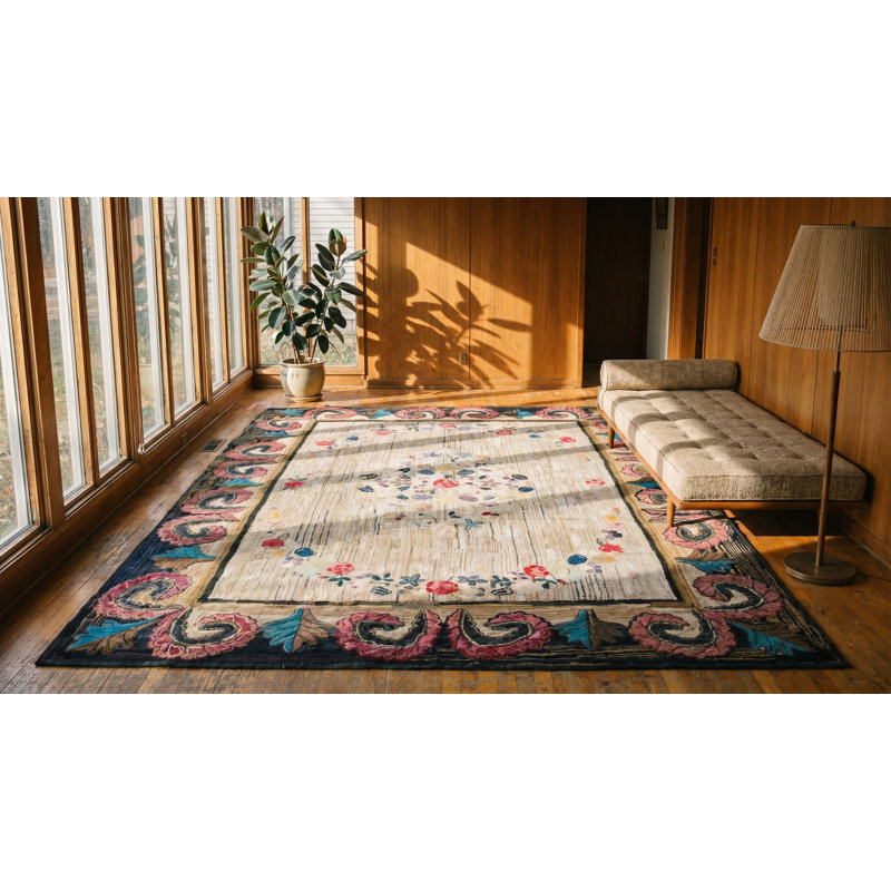 Antique Wool & Cotton Ivory Beige Cream White Hooked - Loop Pile Rug