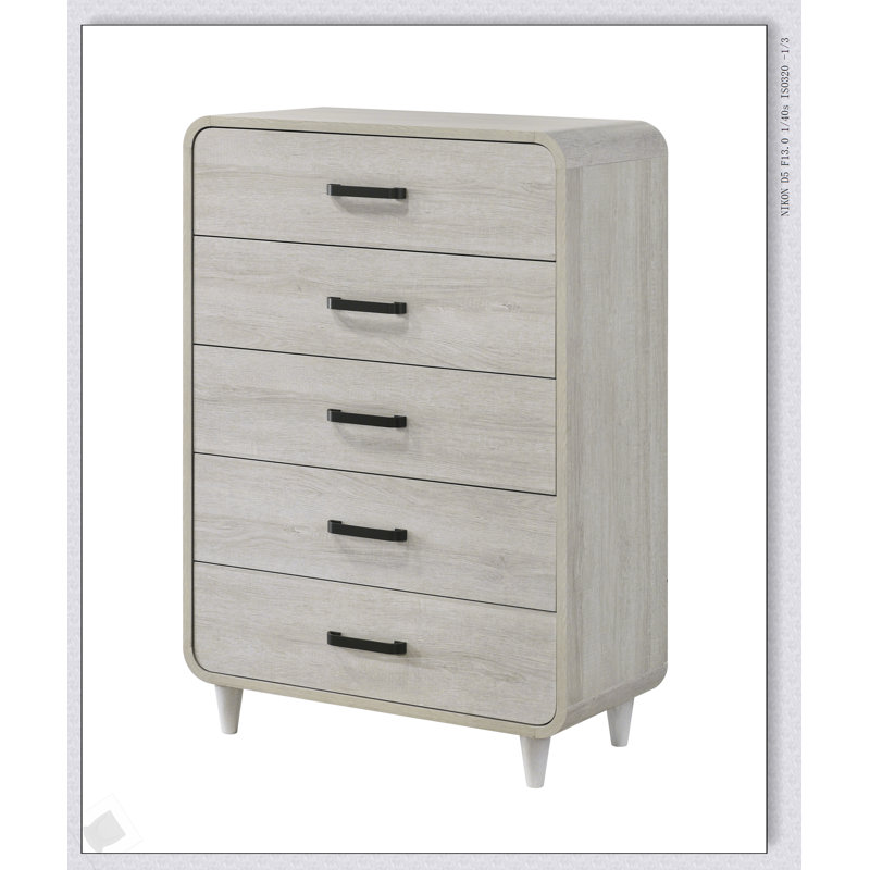 Commode contemporaine à cinq tiroirs en bois avec rangement spacieux et finition blanche antique élégante pour les espaces de vie modernes