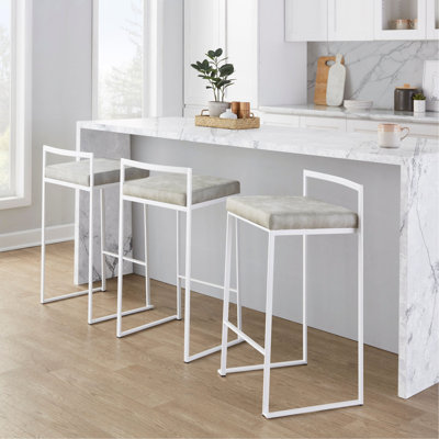 Tabouret de comptoir empilable en métal blanc avec coussin en tissu Cowboy gris clair - ensemble de 3