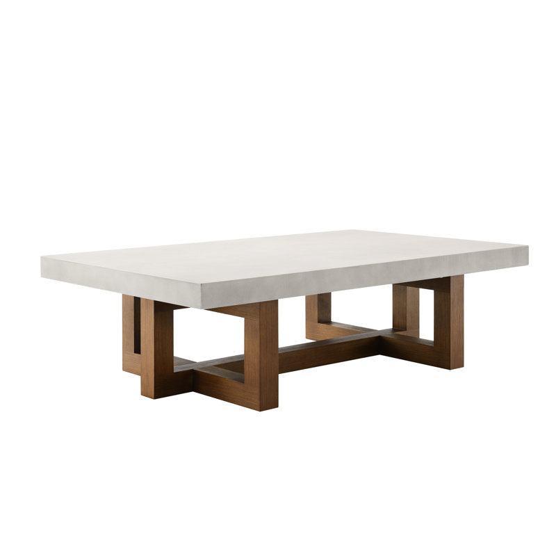 Table basse tendance avec plateau en faux béton et base en noyer