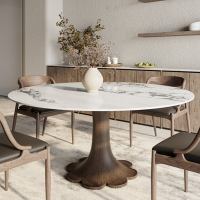 Round Stone Top Solid Wood Base Dining Table Circle Kitchen Dinner Table For 4-10