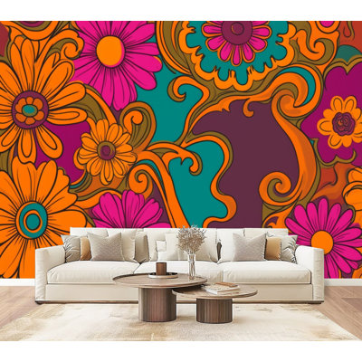 Peel and Stick Wallpaper Psychedelic hippie nostalgic retro 60s groovy print Vintage 70s wavy Wall Murals 69"H x 96"W Removable PVC Wall Paper Self-Adhesive Wall Decor for Bedroom Living Room Home Office