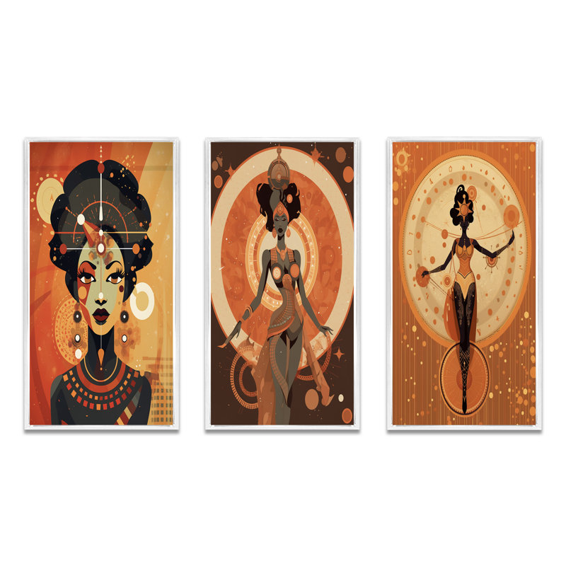 Déesse africaine graphique dans les tons de terre VI - ensemble de 3 impressions, Cadre blanc, H 36 po x l 28 po
