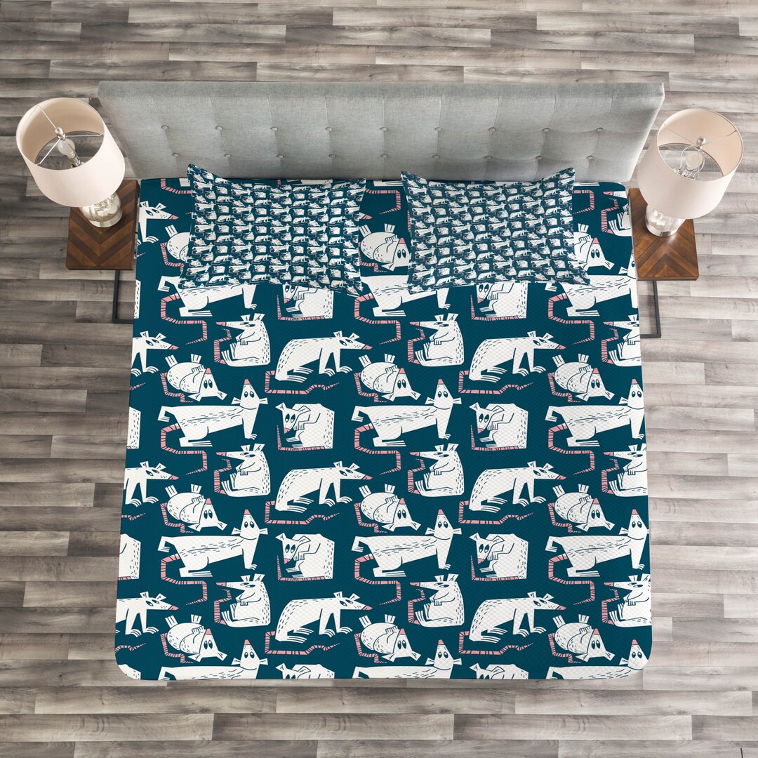 Gestepptes Bettdecken-Set, Cartoon-Maus-Muster, Ratten, Dunkle Teal Pastellrosa