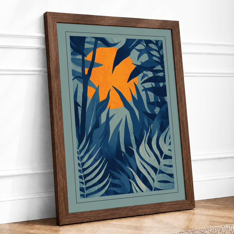 Orange Bloom In Blue Botanical - Print, Walnut, A1 - 84.1 x 59.4 cm