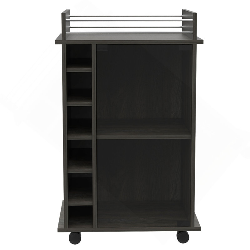 Vegas Bar Cart, Two Tier Cabinet With Glass Door, Six Cubbies For Liquor, Gray