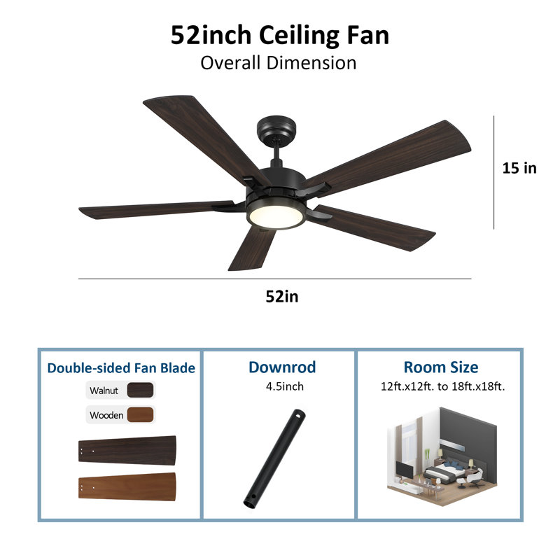 Briyan 52'' Ceiling Fan with LED Lights,  Dark Walnut/Wooden