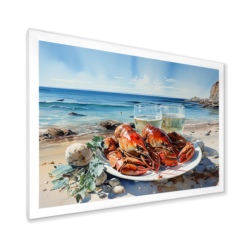 Assiette plate homard avec vue sur l'océan, H 34 po x l 44 po x P 1,5 po, Cadre simple blanc