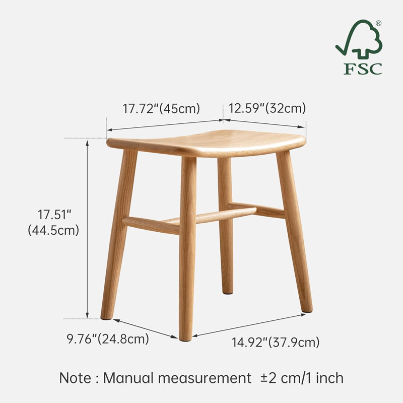 Tabouret d'appoint en bois massif l 17,72 po avec siège courbé pour chambre à coucher et salon, Bois de frêne naturel