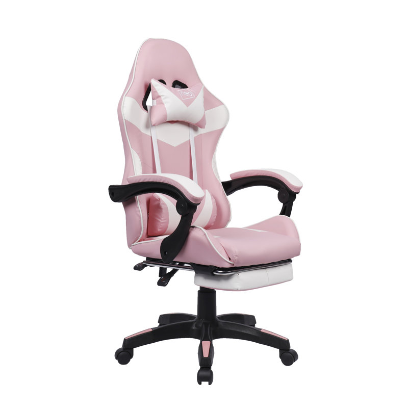 Racing Massage Computer Gaming Chair with Footrest, Pink/White
