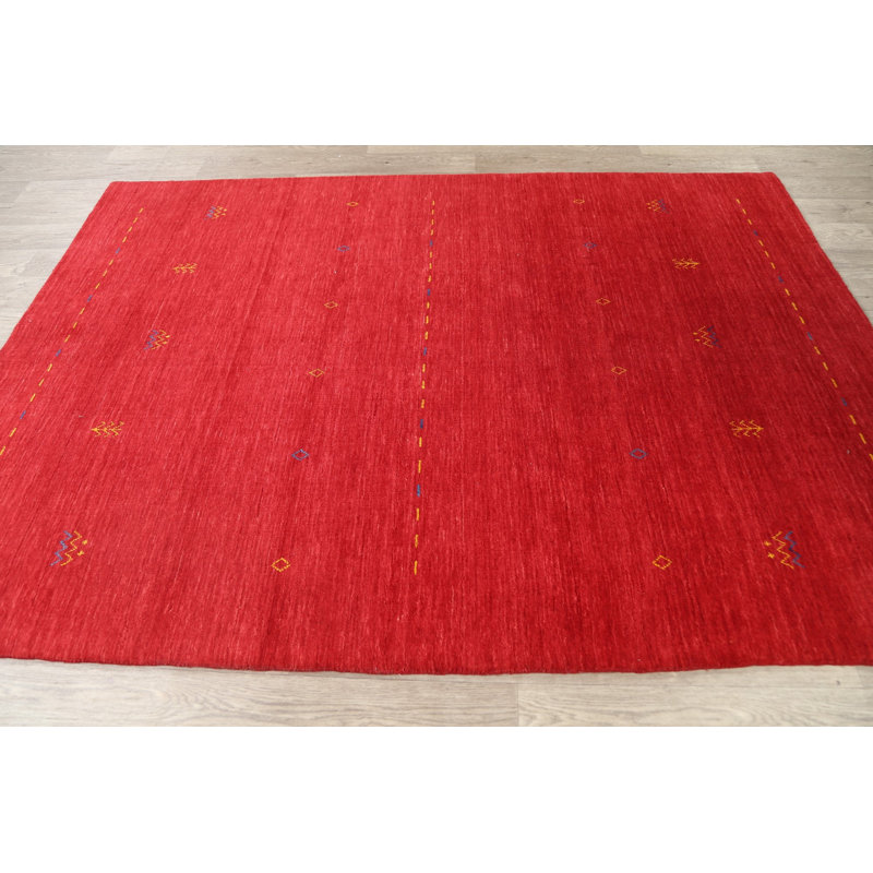 Tapis décoratif en laine rouge de conception unique 5 pi 6 po x 7 pi 8 po noué à la main New Age