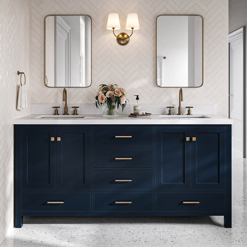 Cambridge 73'' Double Bathroom Vanity with White Quartz Top, Midnight Blue