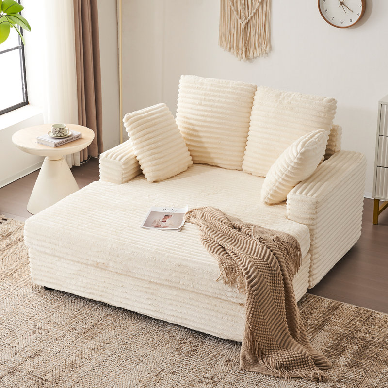 54 Inches Wide Corduroy Upholstered Chaise Lounge Indoor, Beige
