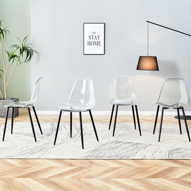 Chaise moderne et élégante transparente, 4 pièces, sans accoudoirs en plastique avec pieds en métal noir, courbe ergonomique, 1200 chaises minimalistes, dossier légèrement incurvé, confort