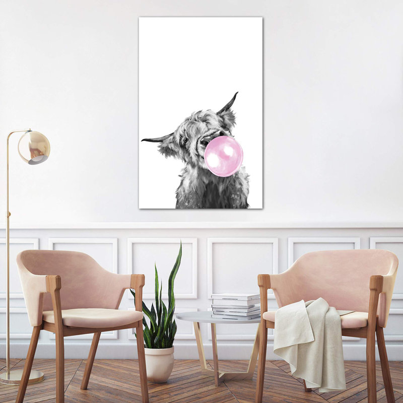 Highland Cow Blowing Bubble Gum In Black And White by Big Nose Work - Wrapped Canvas Print
