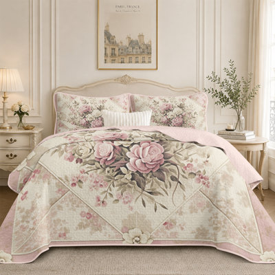 Shabby Chic Quilts Set,2 Pieces Floral Bedspread Twin Size,Reversible Lightweight Coverlet,Vintage Flower Pink Bedding Sets for Bedroom