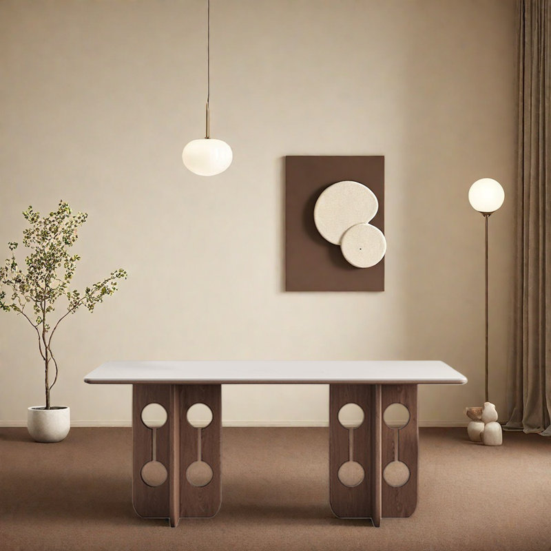 Rectangular walnut wood-coloured rock plate table, 29.52"H x 70.86"L x 31.49"W