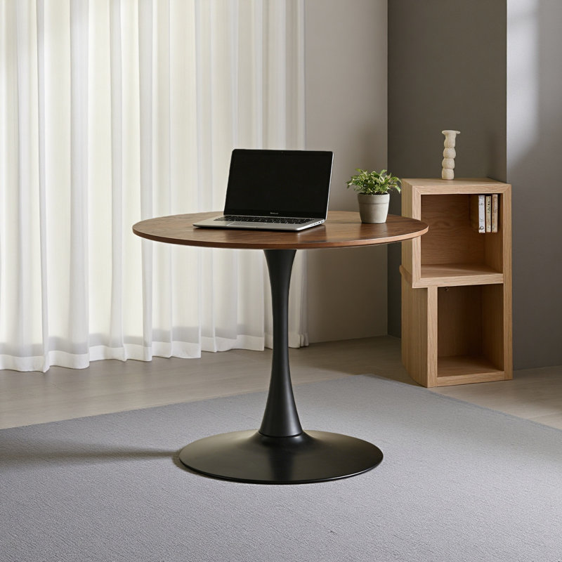 Table de salle à manger 31,5 "Mid-Century 31,5" pour 2 à 4 personnes avec plateau rond en MDF, Noyer foncé/noir