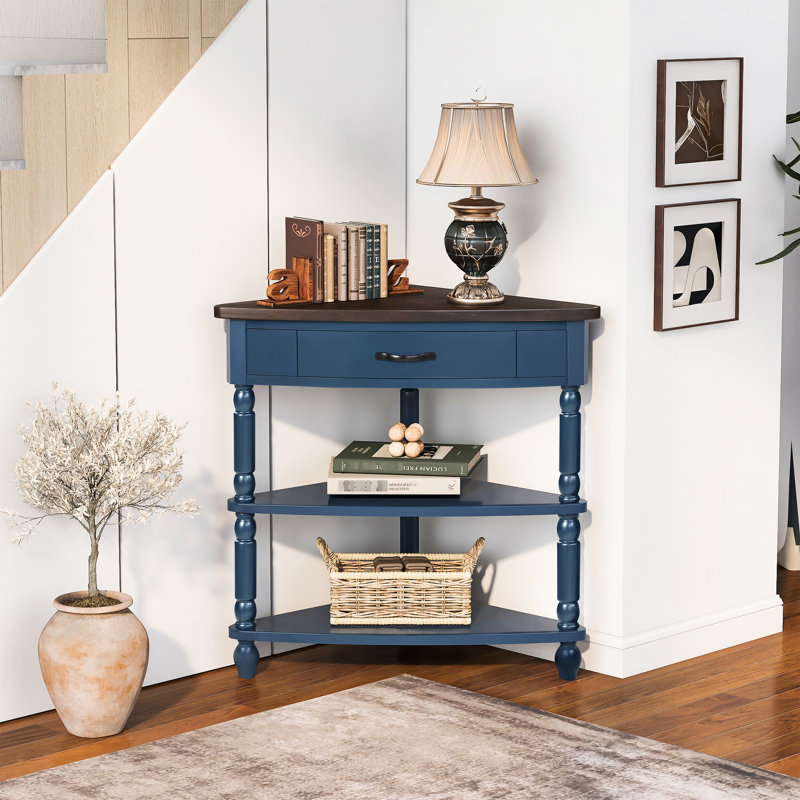 Petite table de coin triangulaire de 33,8 po avec 3 pieds en bois massif, bleu marine et plateau, idéal pour les couloirs de chambre à coucher, assemblage rapide, espaces de sécurité aux bords arrondis, long, fini, coupes de rangement,