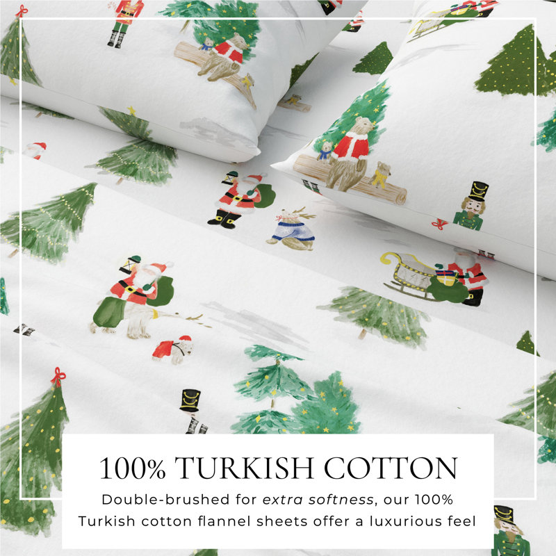 100% Turkish Cotton Flannel Christmas Sheet Sets, Watercolor Santa & Friends Holiday Scene