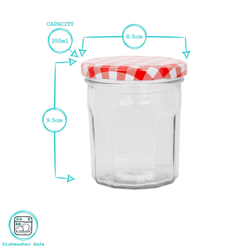 Argon Tableware Glass Jam Jars with Lids, 250ml, Red Gingham