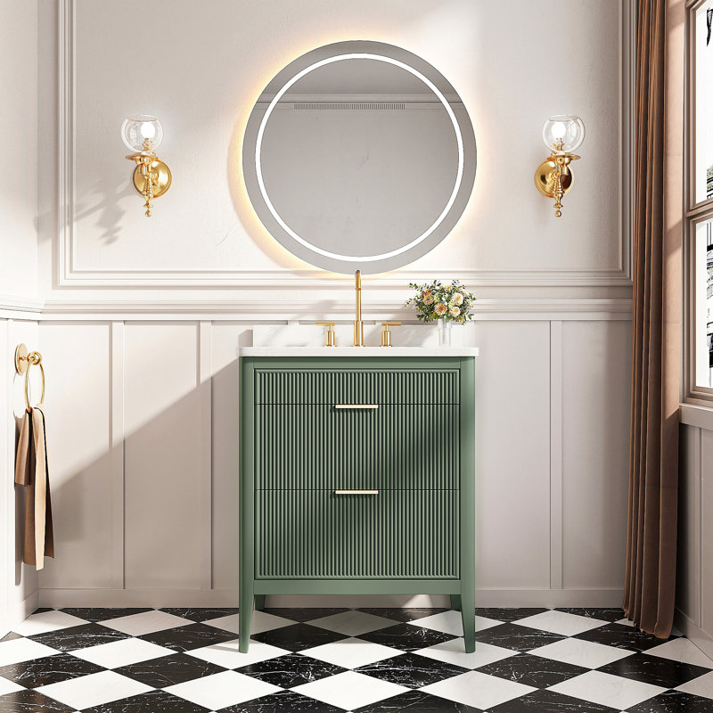 Meuble-lavabo autoportant de 30 po entièrement assemblé avec structure en bois massif et plateau en marbre d'ingénierie, Vert