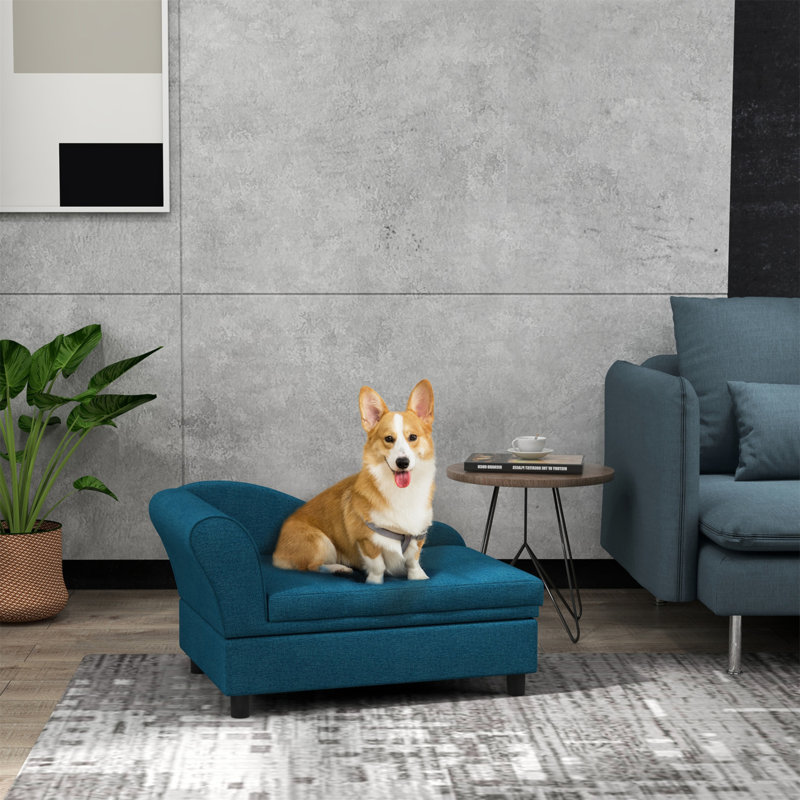 Blue Velvet Elevated Pet Sofa with Hidden Storage