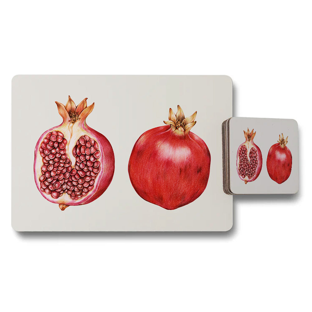 Pomegranate Placemats And Coaster Set With Fruit Illustration