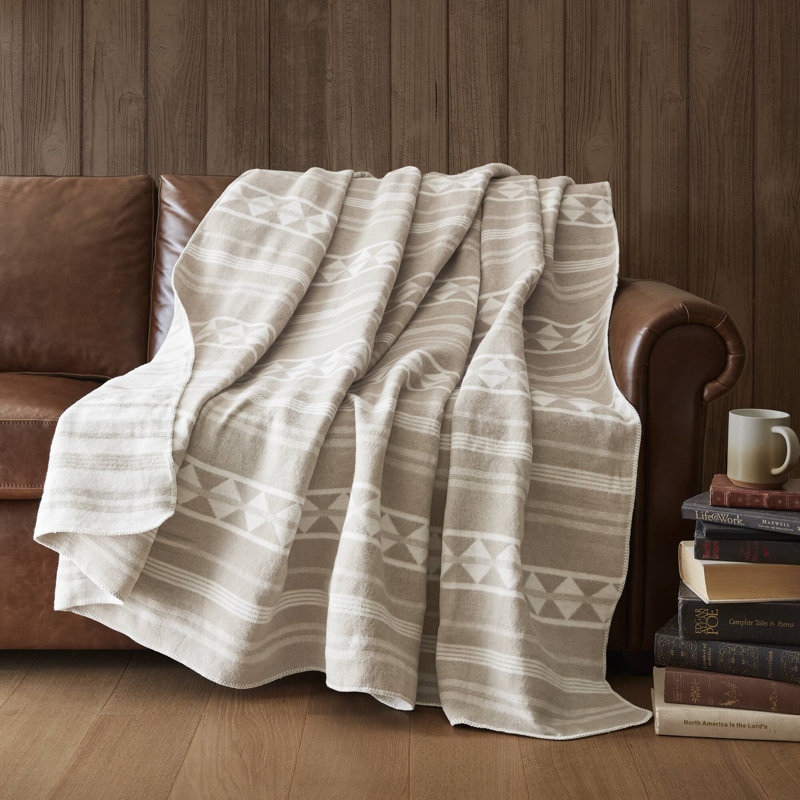 Alberta Cotton Blend Jacquard Soft Blanket, King, Ivory Striped