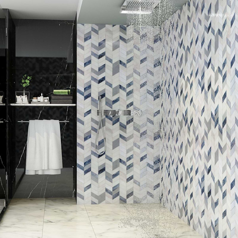Elizabeth Sutton Meta 17x17 Chevron Glossy Glass Mosaic, Aspen