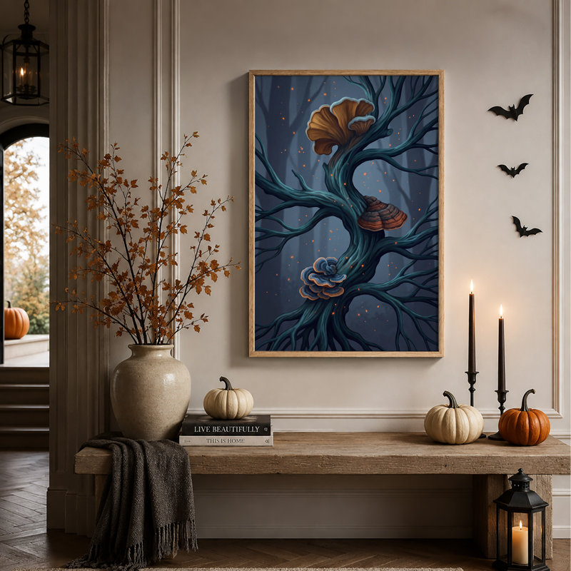 Arbre bleu avec champignons colorés dans une forêt brumeuse - Toile murale d'Halloween, 48"H x 36"W
