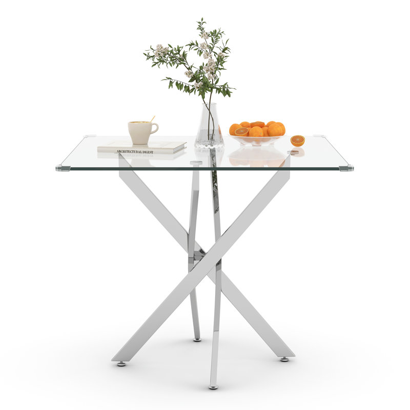 Glass Top Metal Base Dining Table, Silver