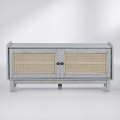 Boho Rattan Entryway Bench with Storage, Cushioned Shoe Organizer for Hallways and Foyers, Gray Wash and Beige