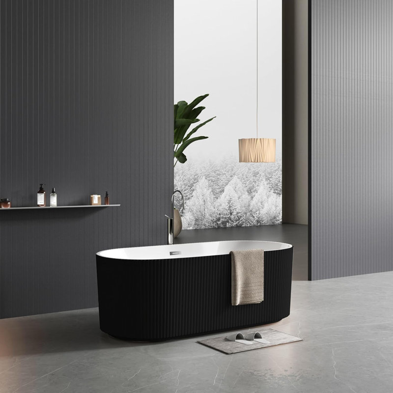 Baignoire de trempage autoportante, construction en acrylique, longueur 59 po, conception profonde avec bonde escamotable et trop-plein, style spa de salle de bain moderne, finition noire et blanche