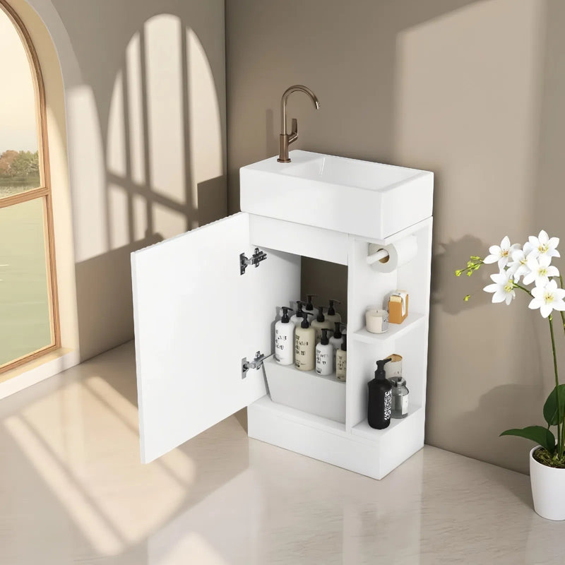 Petit meuble-lavabo autoportant 18 po avec porte-papier hygiénique et 1 porte à fermeture en douceur, rangement à gauche ou à droite
