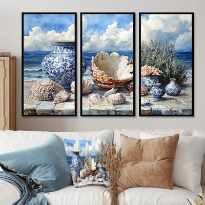Beach Pottery In Blue And White Tones V - Beach Pottery Wall Art Set