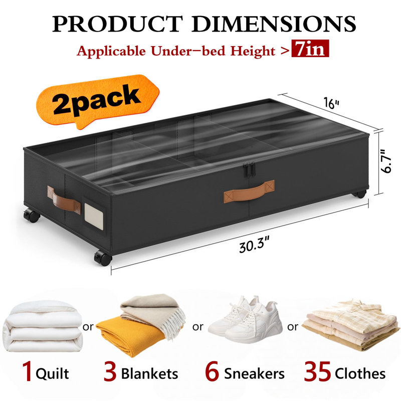 Rangement sous le lit à roulettes, paquet de 2 contenants de rangement sous le lit avec séparateurs réglables et fenêtre transparente, tiroirs de rangement sous le lit, noir